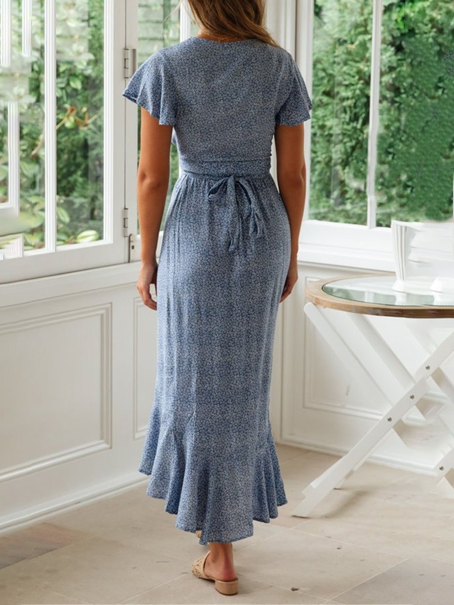 Flutter Sleeve Wrap Front Ditsy Floral Print High-Low Ruffle Hem Midi Dress