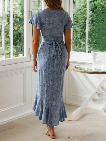 Flutter Sleeve Wrap Front Ditsy Floral Print High-Low Ruffle Hem Midi Dress