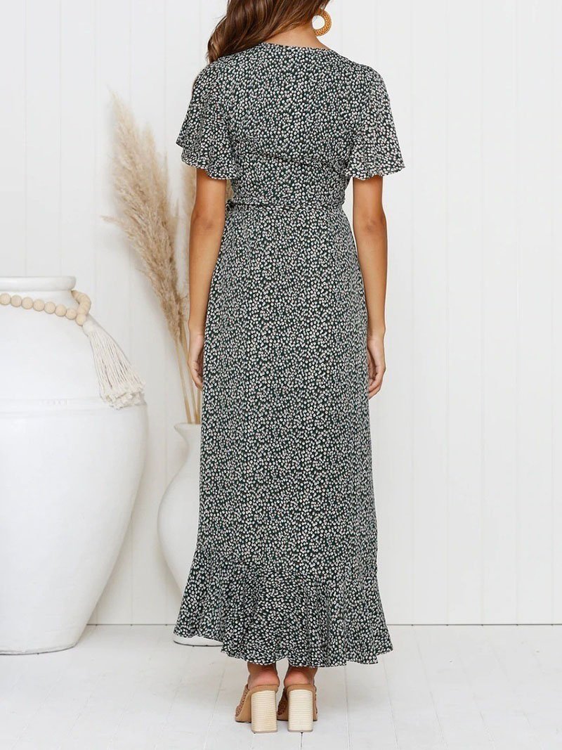 Flutter Sleeve Wrap Front Ditsy Floral Print High-Low Ruffle Hem Midi Dress