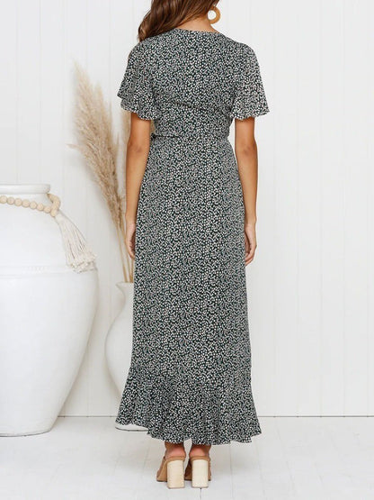 Flutter Sleeve Wrap Front Ditsy Floral Print High-Low Ruffle Hem Midi Dress