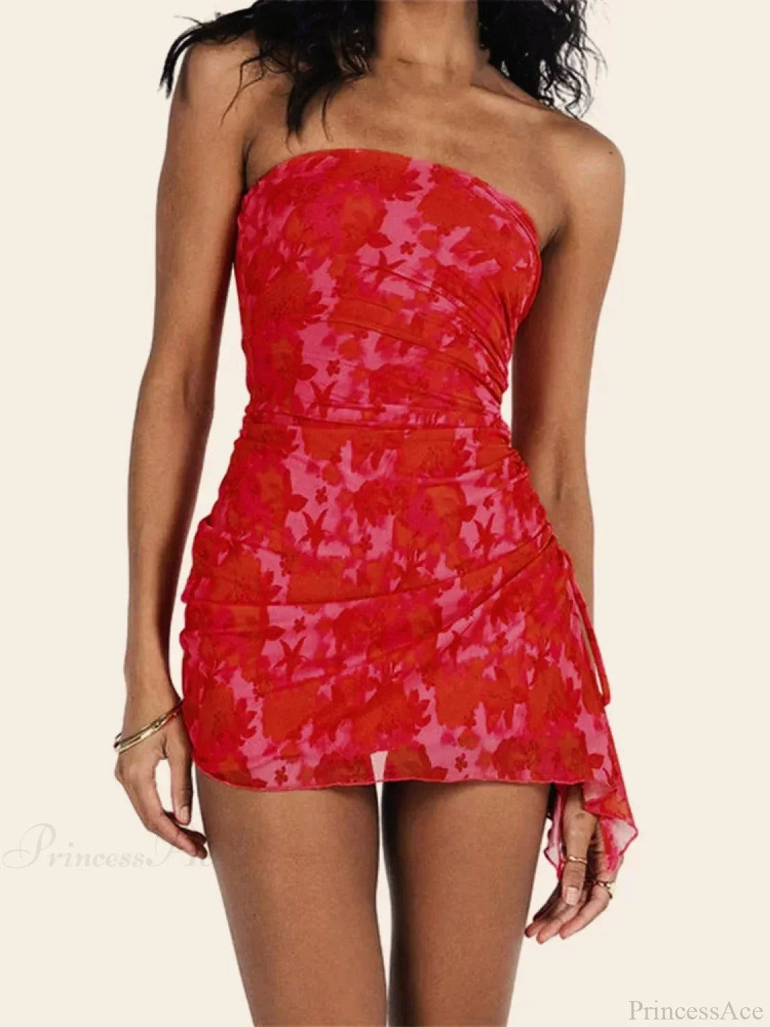 Strapless Floral Ruched Mesh Asymmetrical Draped Hem Bodycon Mini Dress