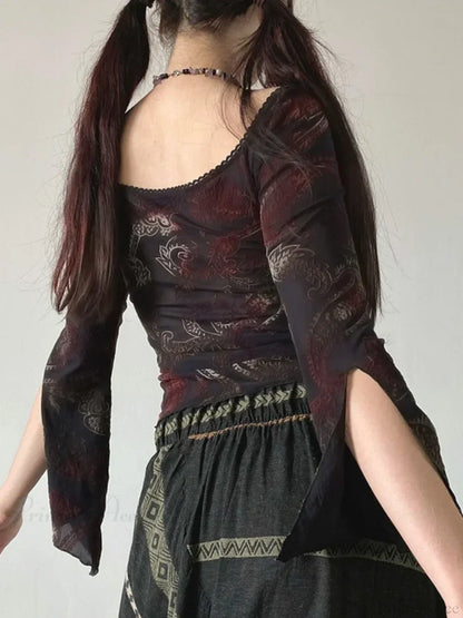 Floral Square Collar Knit Top