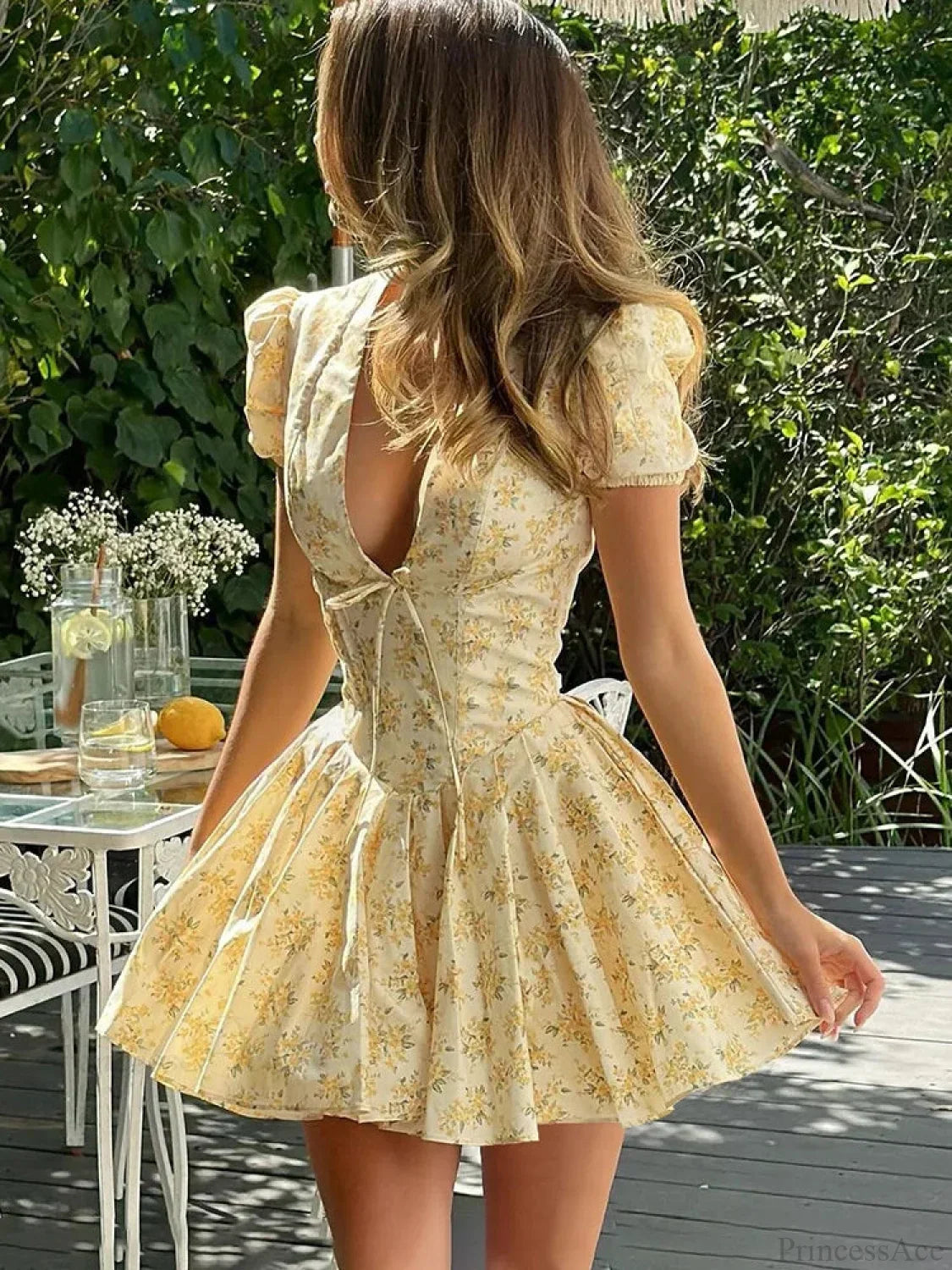 Floral Print Deep V Tie Front Puff Sleeve Fit And Flare Mini Dress