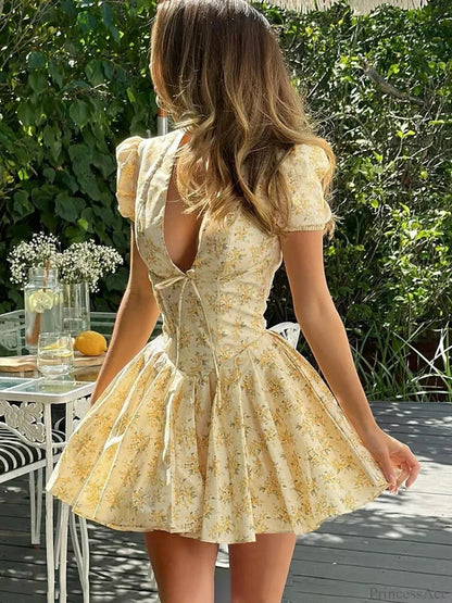 Floral Print Deep V Tie Front Puff Sleeve Fit And Flare Mini Dress