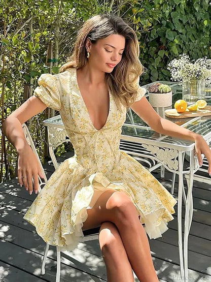 Floral Print Deep V Tie Front Puff Sleeve Fit And Flare Mini Dress