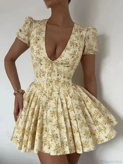 Floral Print Deep V Tie Front Puff Sleeve Fit And Flare Mini Dress
