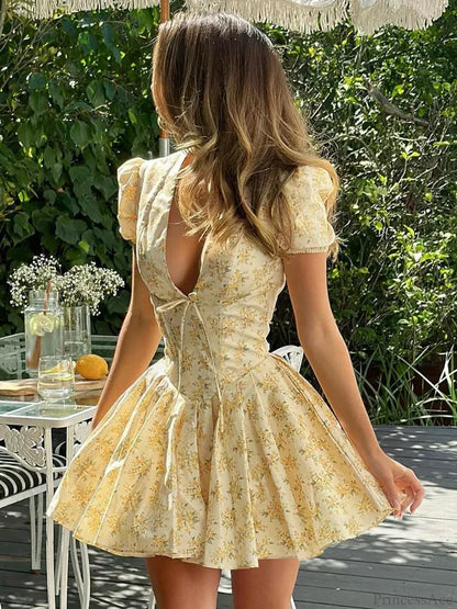Floral Print Deep V Tie Front Puff Sleeve Fit And Flare Mini Dress