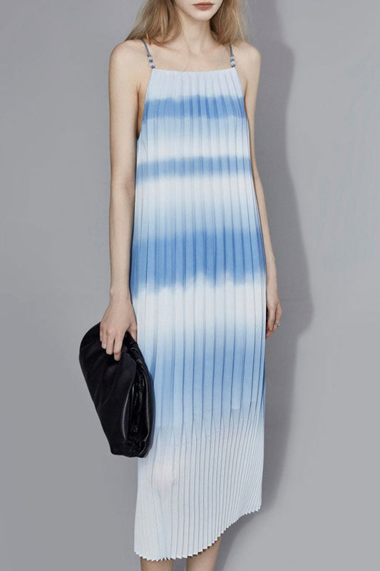 Spaghetti Strap Horizontal Ombre Pleated Accordion Maxi Slip Dress