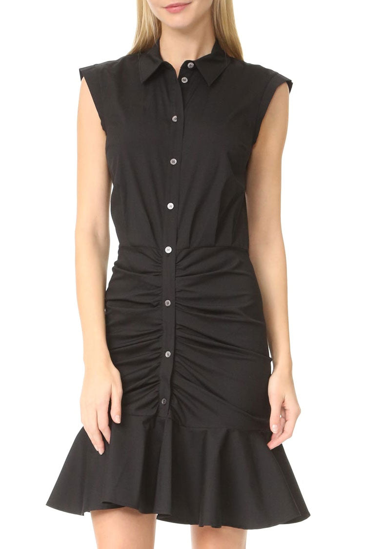 Collared Button Front Ruched Fishtail Ruffle Hem Mini Shirt Dress