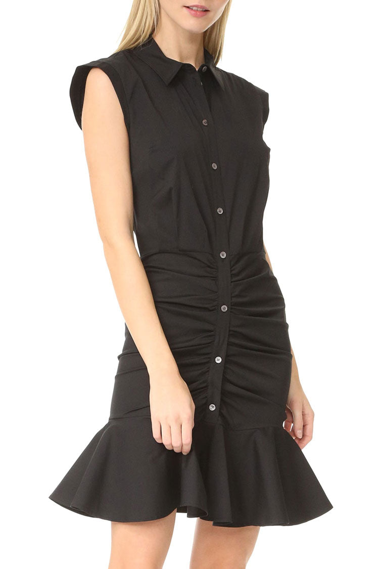 Collared Button Front Ruched Fishtail Ruffle Hem Mini Shirt Dress
