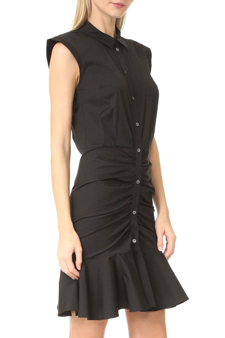 Collared Button Front Ruched Fishtail Ruffle Hem Mini Shirt Dress