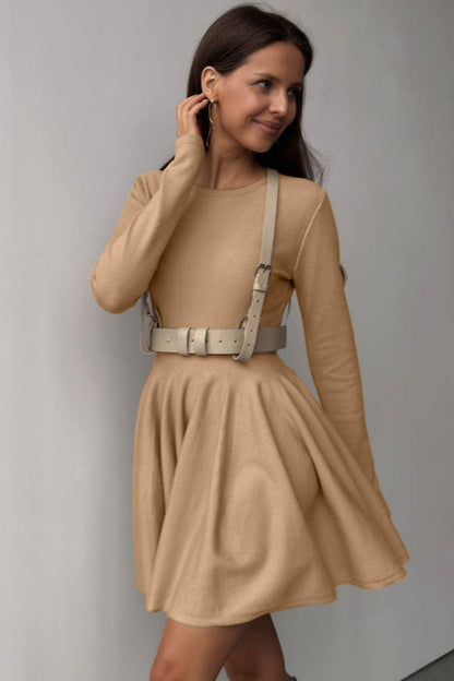 Crew Neck Long Sleeve Rib Knit Fit and Flare Sweater Mini Dress
