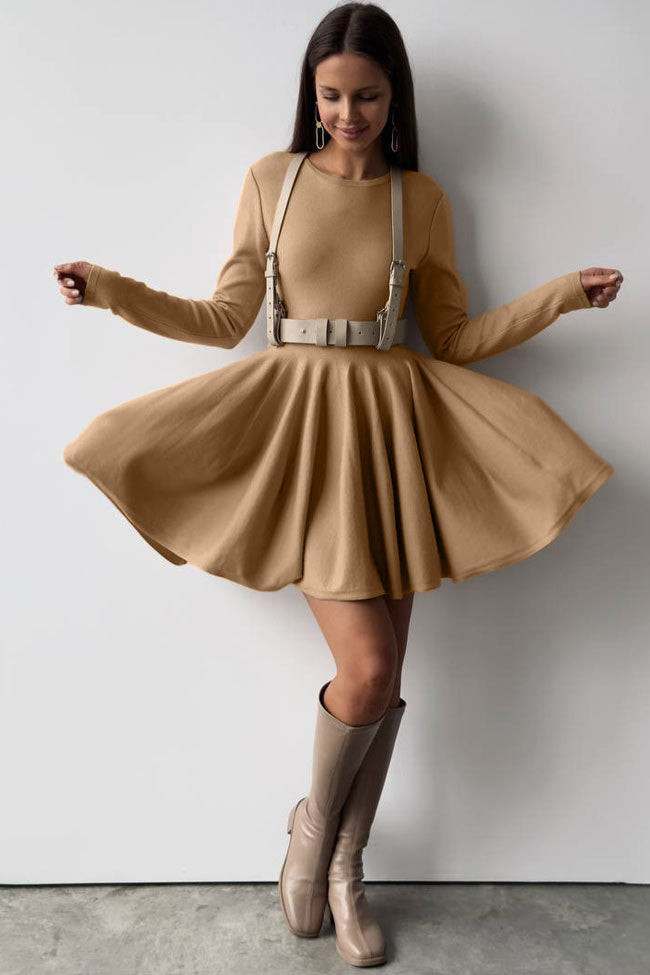 Crew Neck Long Sleeve Rib Knit Fit and Flare Sweater Mini Dress