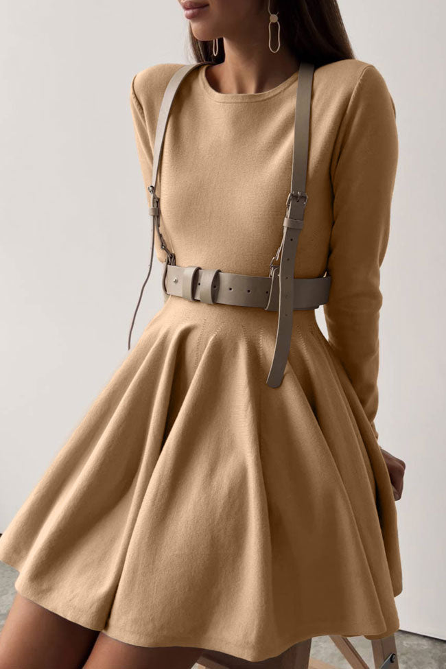 Crew Neck Long Sleeve Rib Knit Fit and Flare Sweater Mini Dress