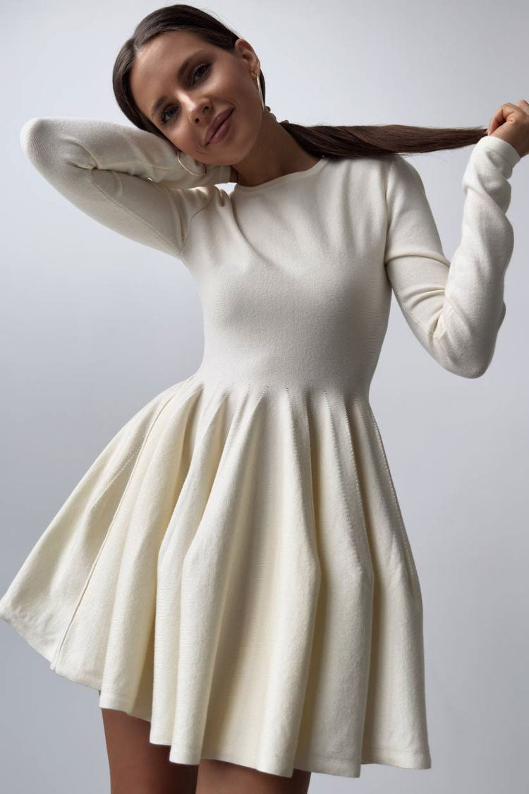 Crew Neck Long Sleeve Pleated Godet Skirt Fit and Flare Knit Mini Dress