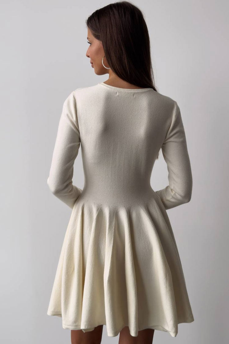 Crew Neck Long Sleeve Pleated Godet Skirt Fit and Flare Knit Mini Dress