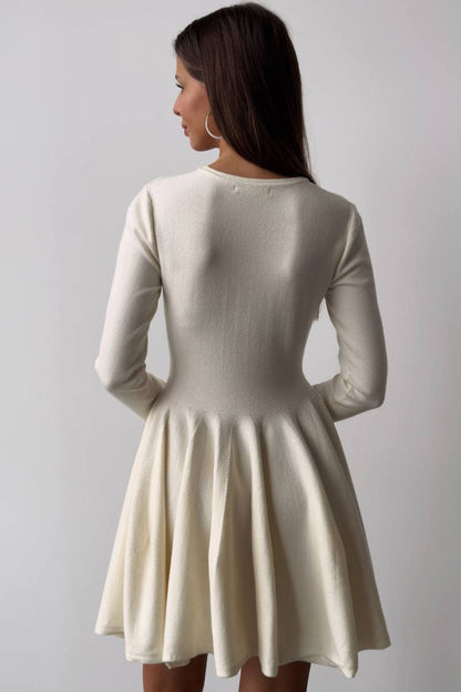 Crew Neck Long Sleeve Pleated Godet Skirt Fit and Flare Knit Mini Dress
