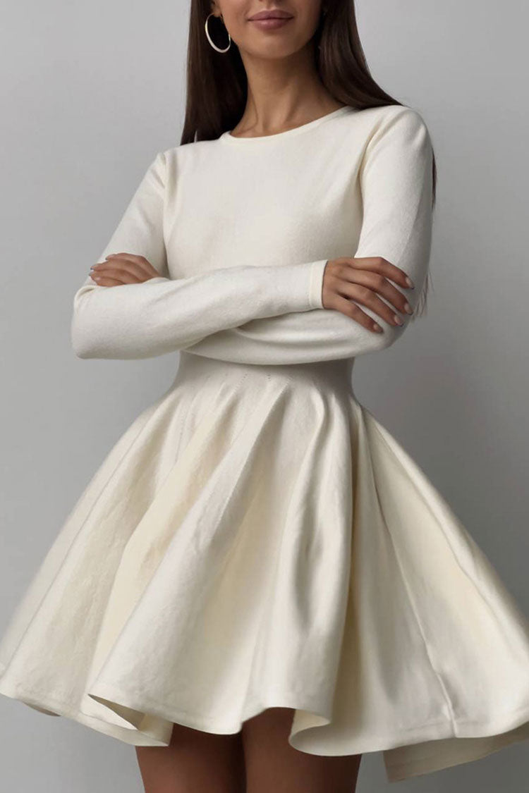 Crew Neck Long Sleeve Pleated Godet Skirt Fit and Flare Knit Mini Dress