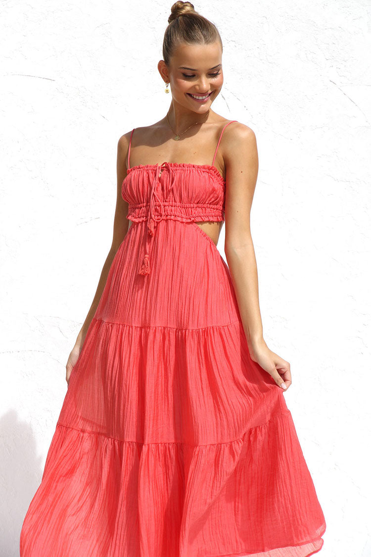 Tie Neck Ruffled Bust Side Cutout Tiered Crinkle Gauze Midi Dress
