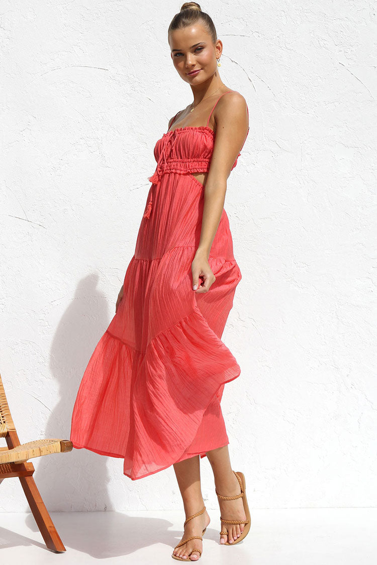 Tie Neck Ruffled Bust Side Cutout Tiered Crinkle Gauze Midi Dress