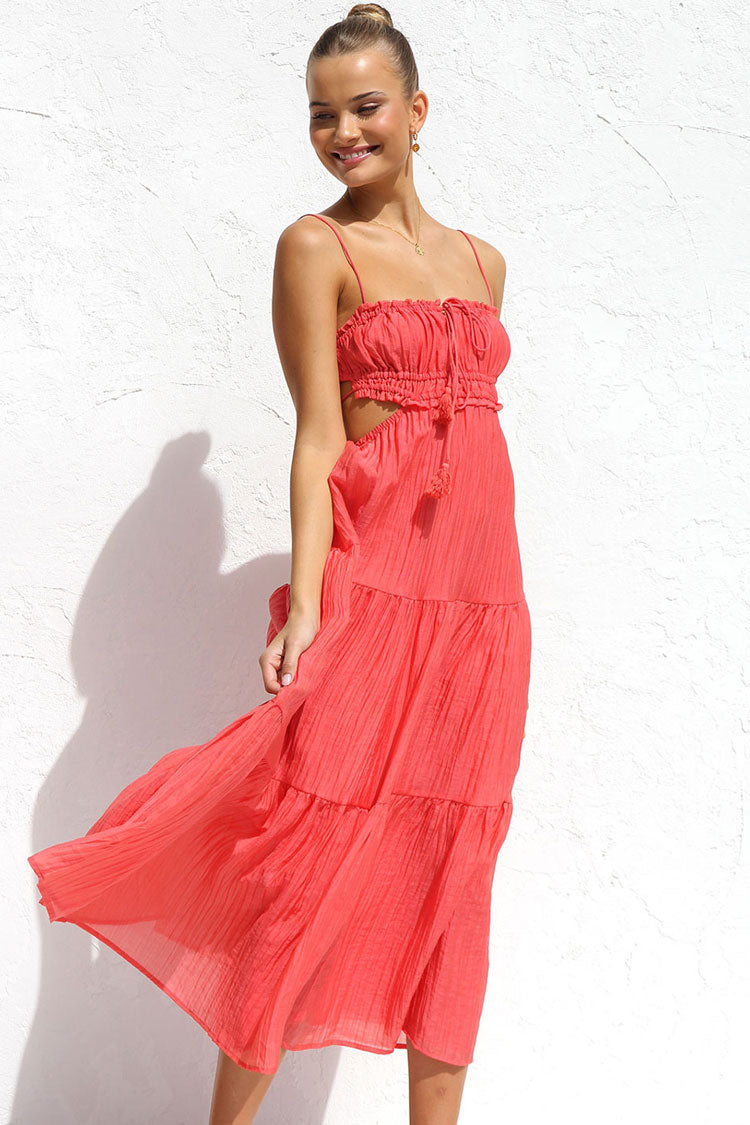Tie Neck Ruffled Bust Side Cutout Tiered Crinkle Gauze Midi Dress