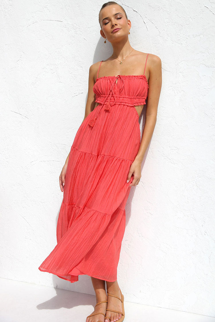 Tie Neck Ruffled Bust Side Cutout Tiered Crinkle Gauze Midi Dress