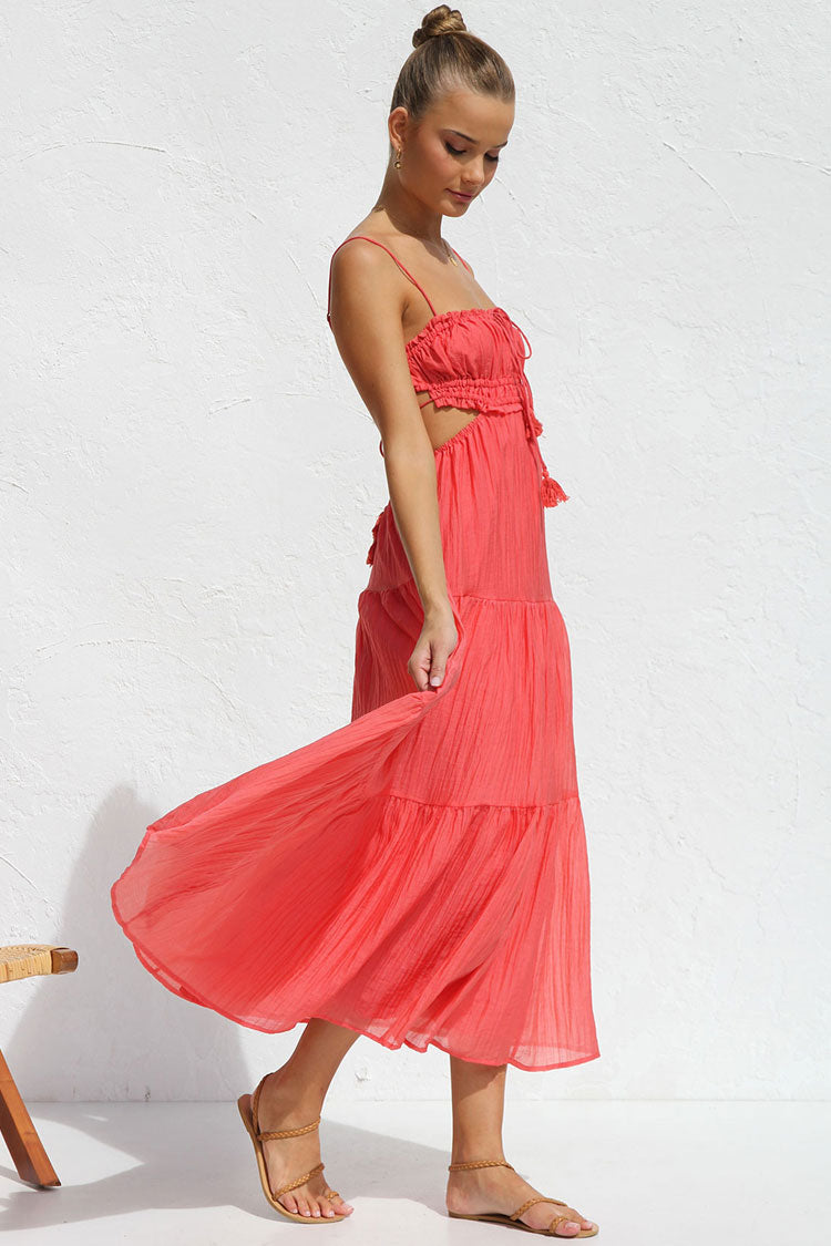 Tie Neck Ruffled Bust Side Cutout Tiered Crinkle Gauze Midi Dress