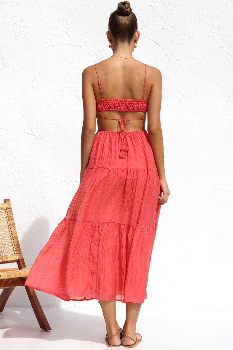 Tie Neck Ruffled Bust Side Cutout Tiered Crinkle Gauze Midi Dress