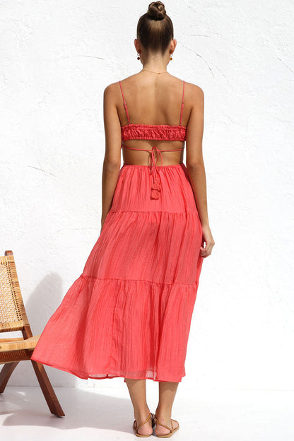 Tie Neck Ruffled Bust Side Cutout Tiered Crinkle Gauze Midi Dress