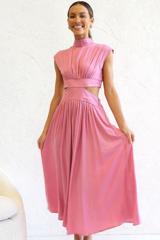 High Neck Sleeveless Cutout Waist Ruched Trim A-Line Midi Dress