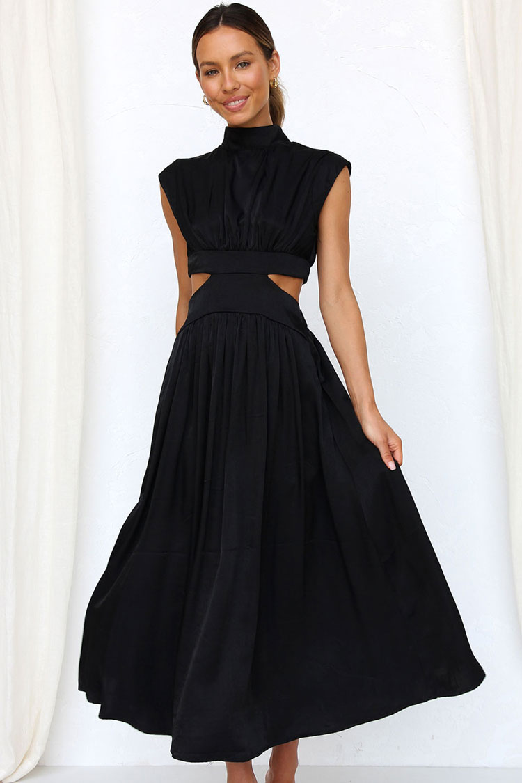 High Neck Pleated Bodice Side Cutout Waist Flared Maxi Dress