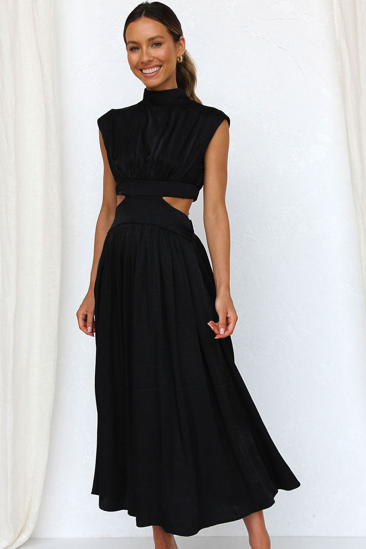 High Neck Pleated Bodice Side Cutout Waist Flared Maxi Dress