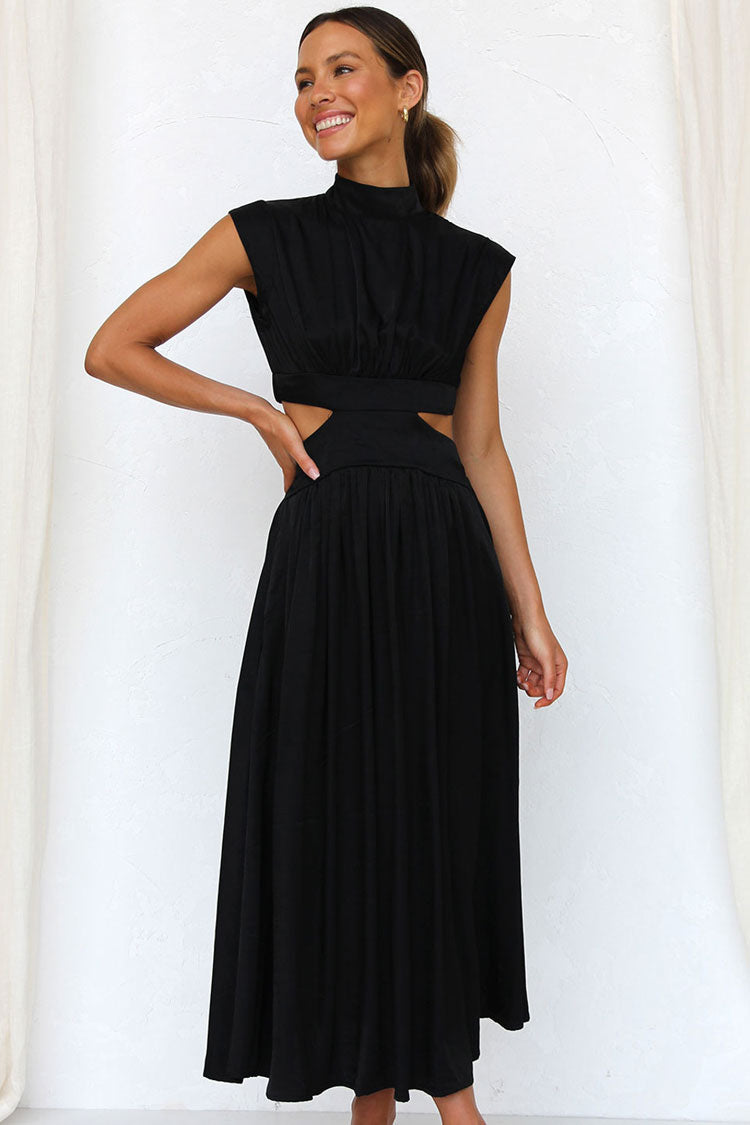 High Neck Pleated Bodice Side Cutout Waist Flared Maxi Dress