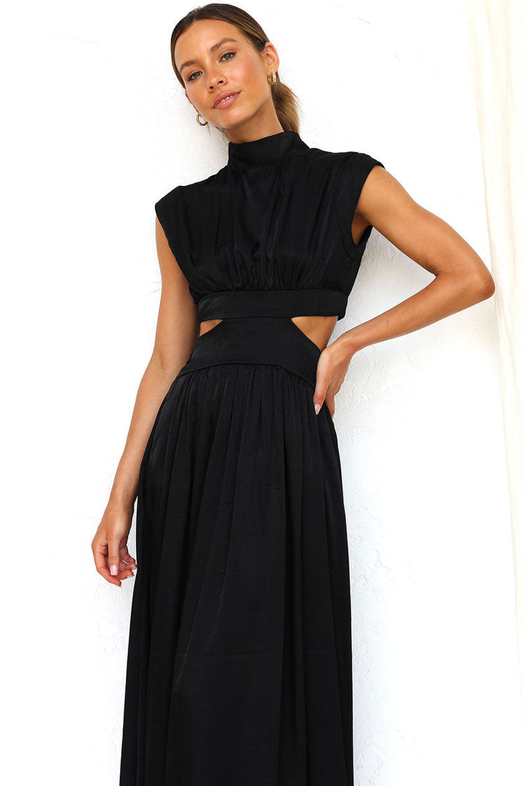 High Neck Pleated Bodice Side Cutout Waist Flared Maxi Dress