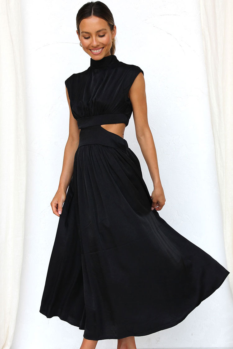 High Neck Pleated Bodice Side Cutout Waist Flared Maxi Dress