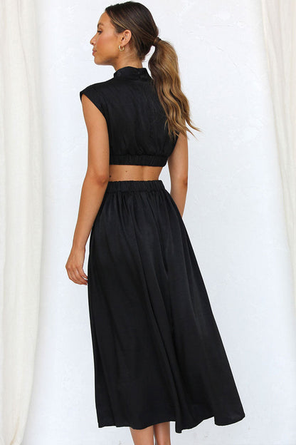 High Neck Pleated Bodice Side Cutout Waist Flared Maxi Dress
