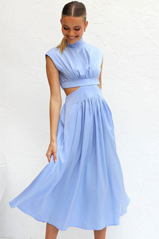 High Neck Sleeveless Cutout Waist Ruched Trim A-Line Midi Dress