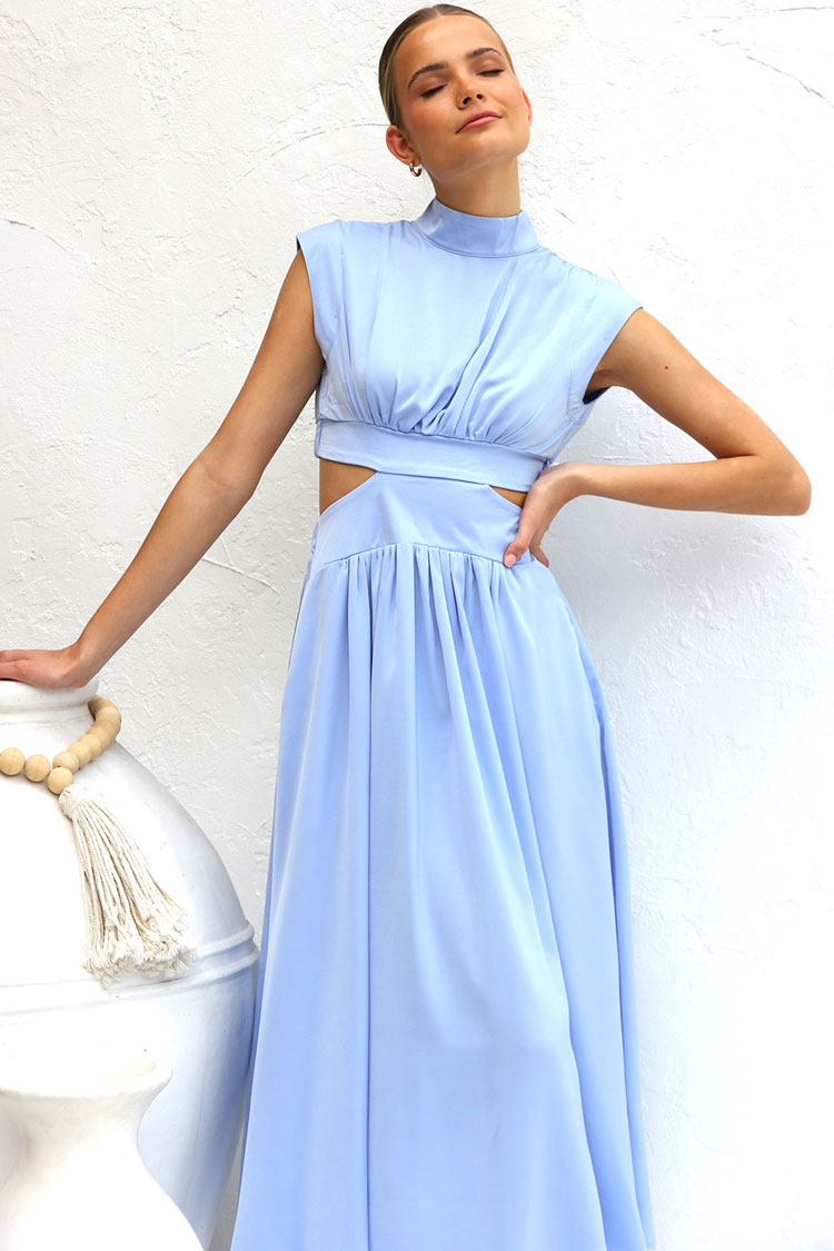 High Neck Sleeveless Cutout Waist Ruched Trim A-Line Midi Dress