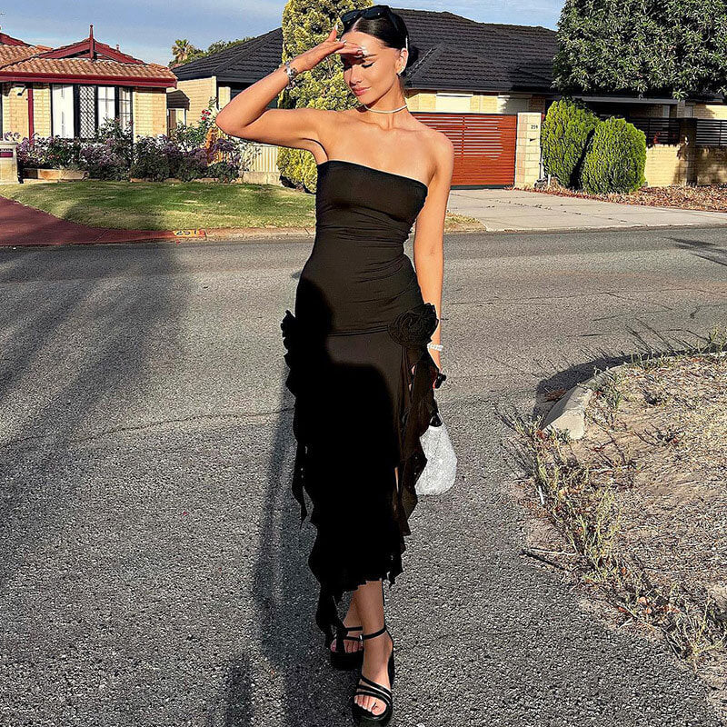 Strapless 3D Floral Rosette Ruffle Trim Side Slit Midi Dress