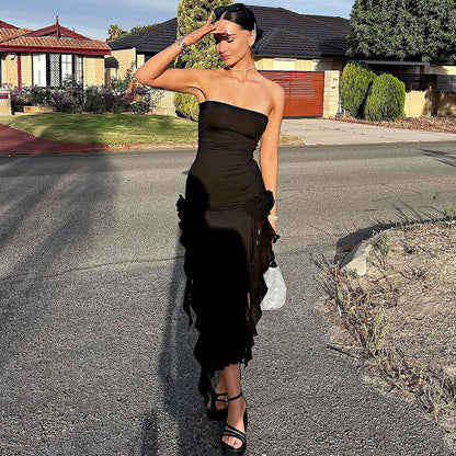 Strapless 3D Floral Rosette Ruffle Trim Side Slit Midi Dress