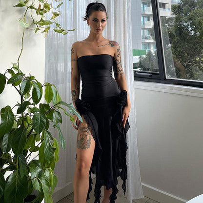 Strapless 3D Floral Rosette Ruffle Trim Side Slit Midi Dress