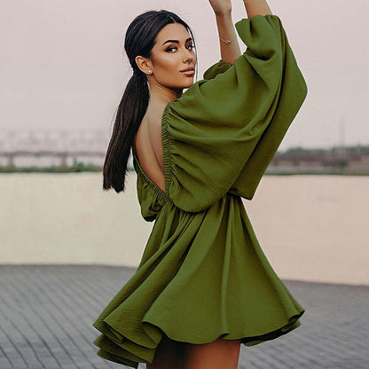Crinkle Texture Lantern Sleeve Deep V-Back Ruffle Hem Babydoll Mini Dress