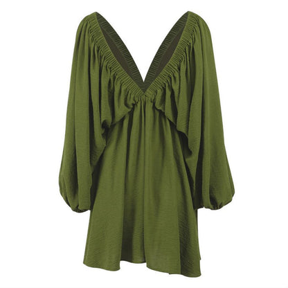 Crinkle Texture Lantern Sleeve Deep V-Back Ruffle Hem Babydoll Mini Dress