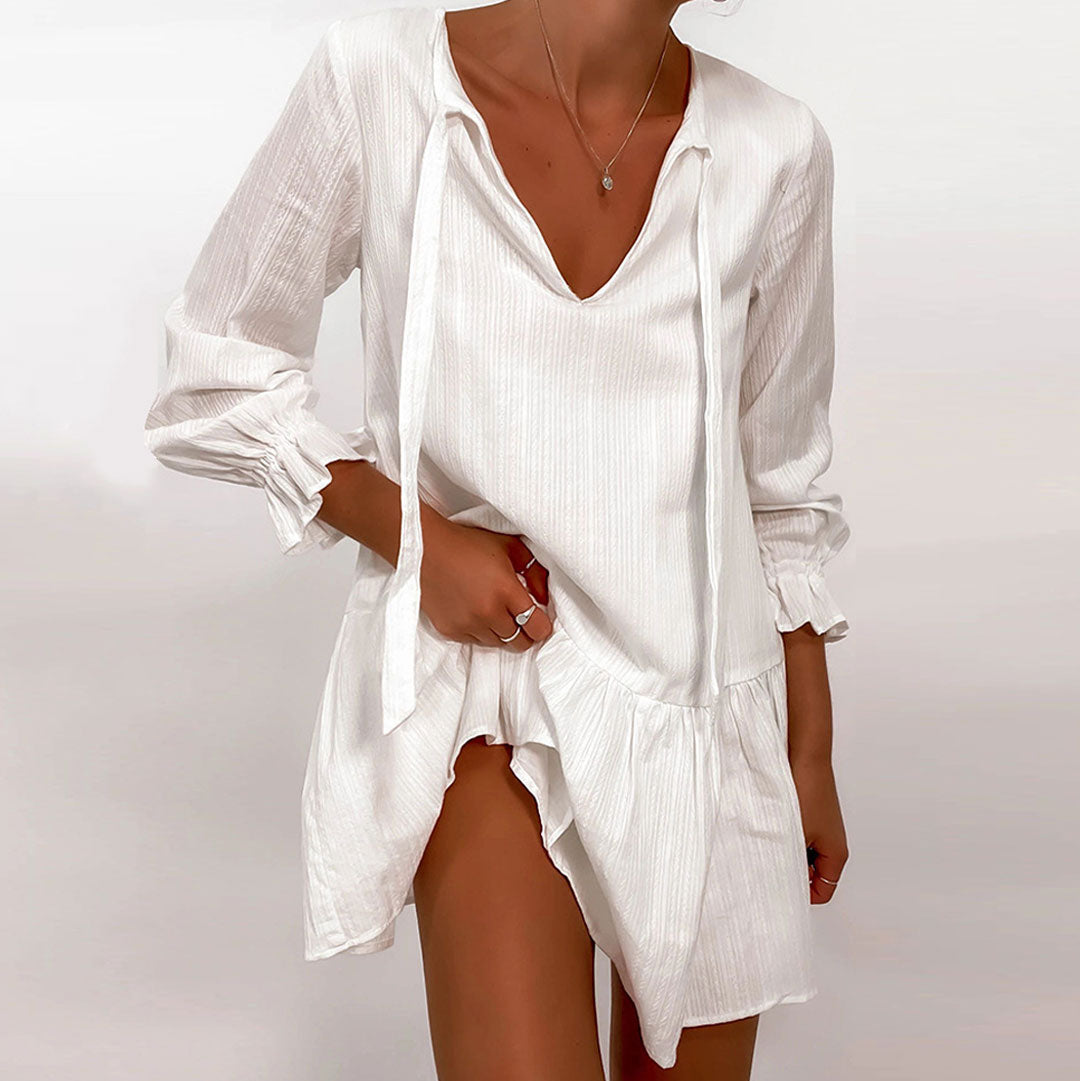 Crinkle Texture V-Neck Tie Front Ruffle Cuff Babydoll Mini Dress