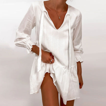 Crinkle Texture V-Neck Tie Front Ruffle Cuff Babydoll Mini Dress