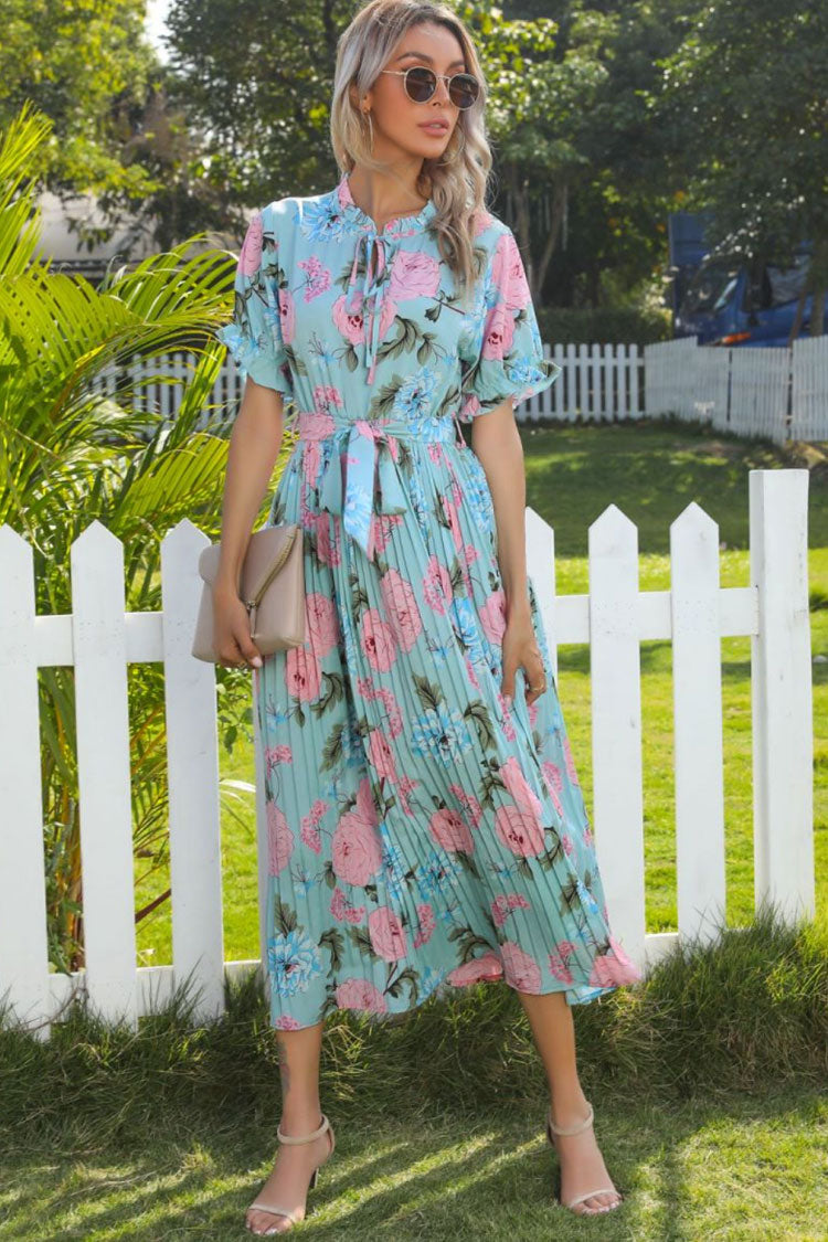 Floral Print Tie Neck Puff Sleeve Accordion Pleat Belted Midi Dress