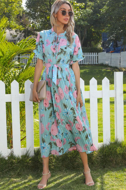 Floral Print Tie Neck Puff Sleeve Accordion Pleat Belted Midi Dress