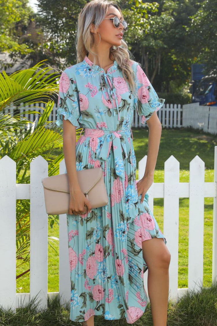 Floral Print Tie Neck Puff Sleeve Accordion Pleat Belted Midi Dress