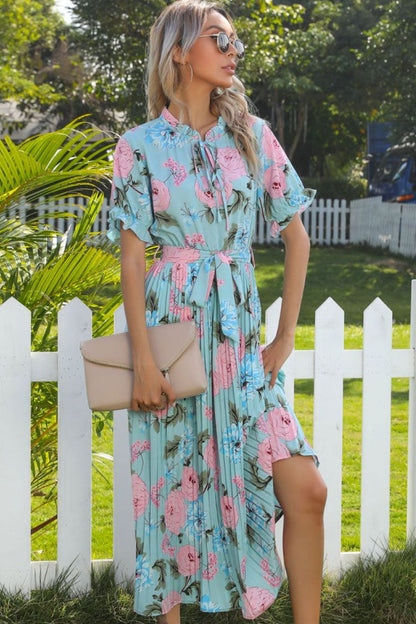 Floral Print Tie Neck Puff Sleeve Accordion Pleat Belted Midi Dress
