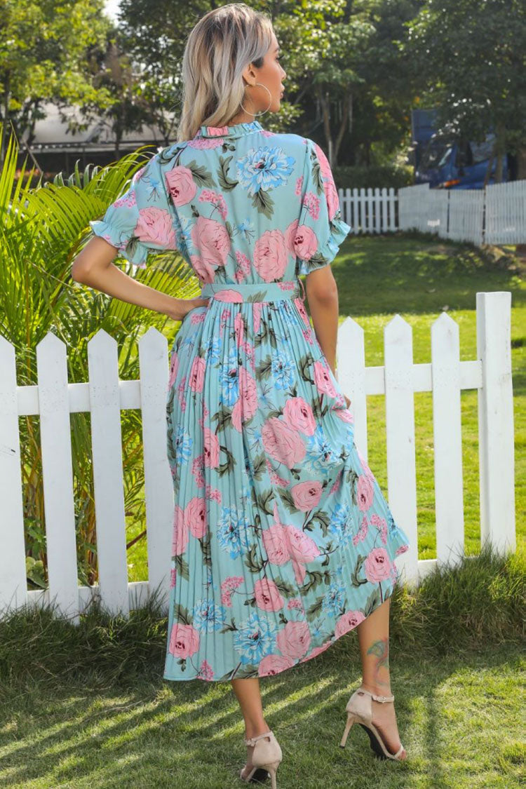 Floral Print Tie Neck Puff Sleeve Accordion Pleat Belted Midi Dress